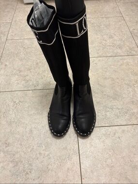 Black Studded Knee-High Boots with Logo Cuff